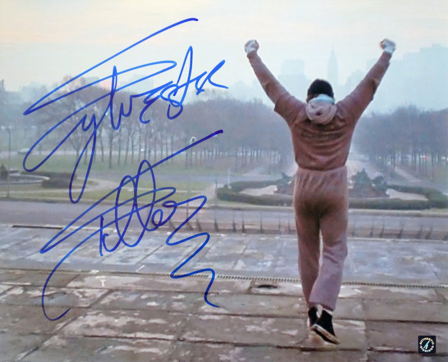 Sylvester Stallone Autographed ROCKY 16x20 Color Photo "ARM’S RAISED MUSEUM STAIRS"