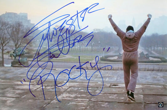 Sylvester Stallone “ROCKY” Inscription Autographed 16x24 Color Photo "ARM’S RAISED MUSEUM STAIRS"